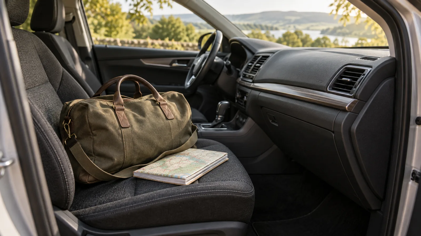 An olive weekend bag and paper map on a parked car’s passenger seat.